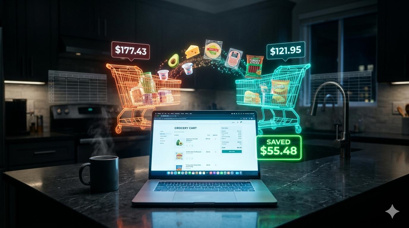 A glowing holographic price comparison of two grocery carts floating above a laptop in a dark kitchen, showing $55 in savings