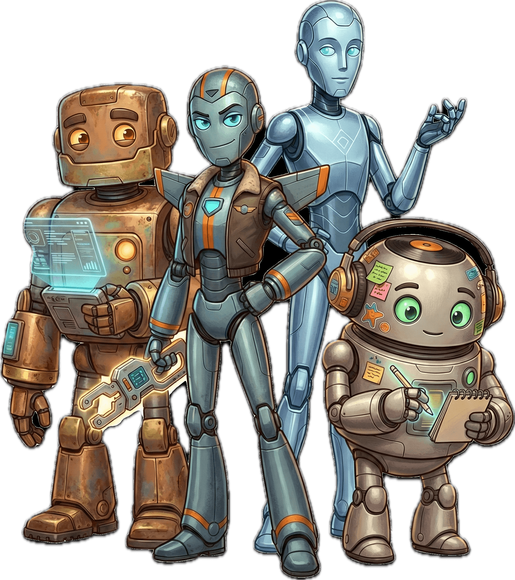 The Gang of Four: Remo, Maverick, Deacon, and Newcleus robots