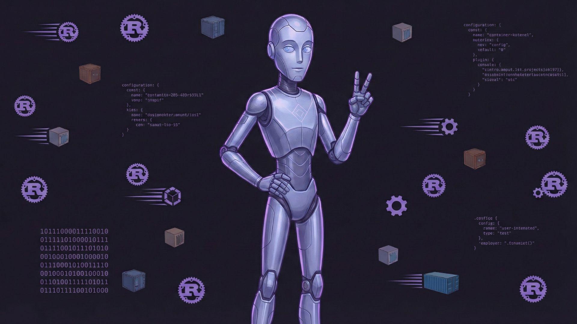 Deacon robot mascot - a tall elegant silver robot, surrounded by Rust and container icons