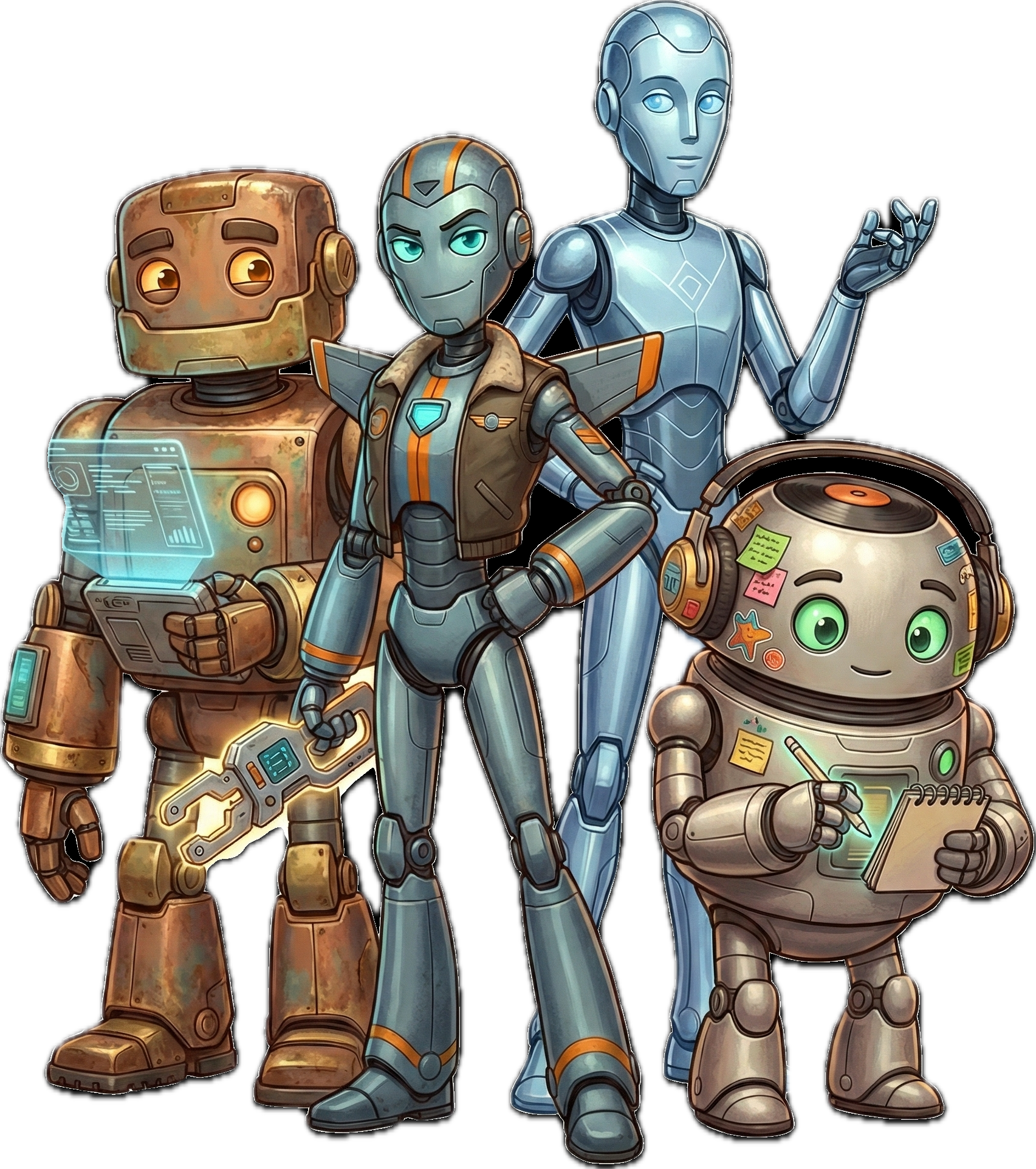 The Gang of Four: Remo, Maverick, Deacon, and Newcleus robots