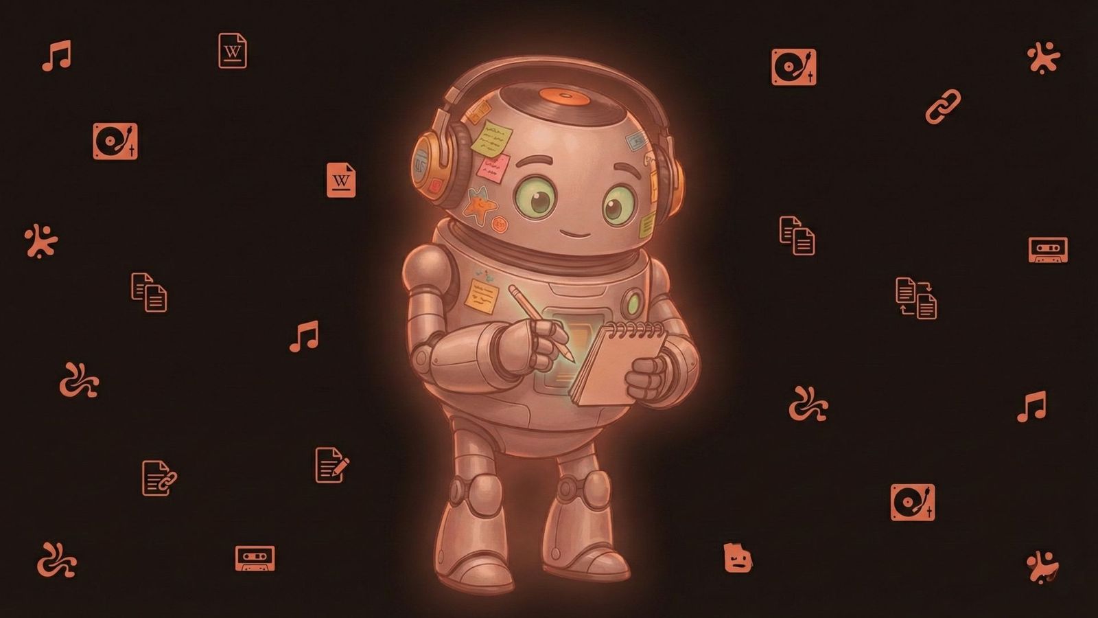 Newcleus robot mascot - a small friendly robot with headphones, surrounded by wiki and music icons