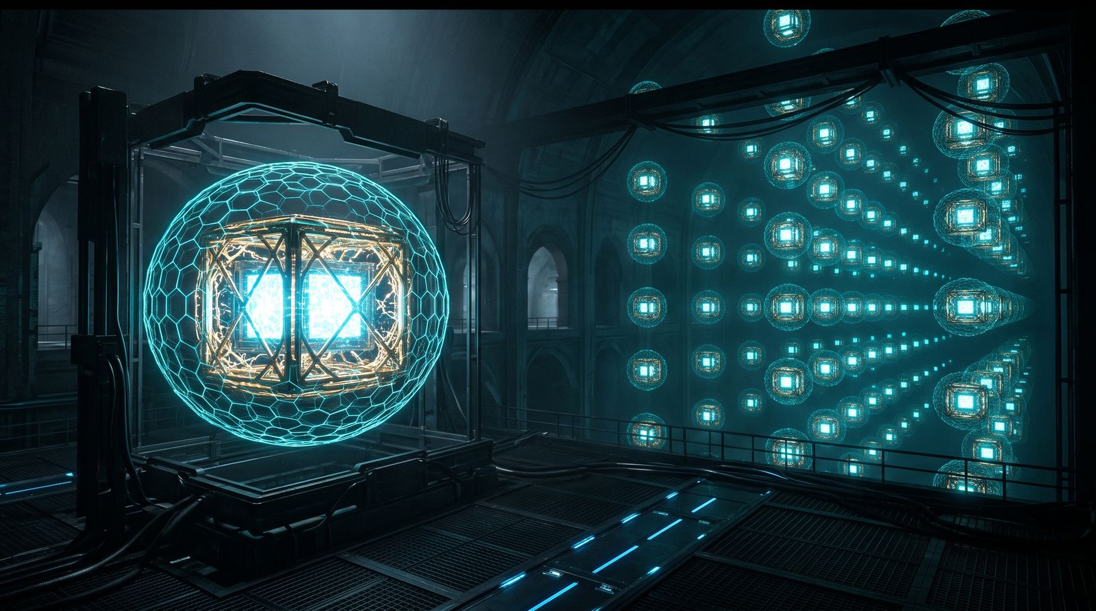 A glowing data cube sealed inside two concentric shells, with rows of identically sealed cubes receding into darkness